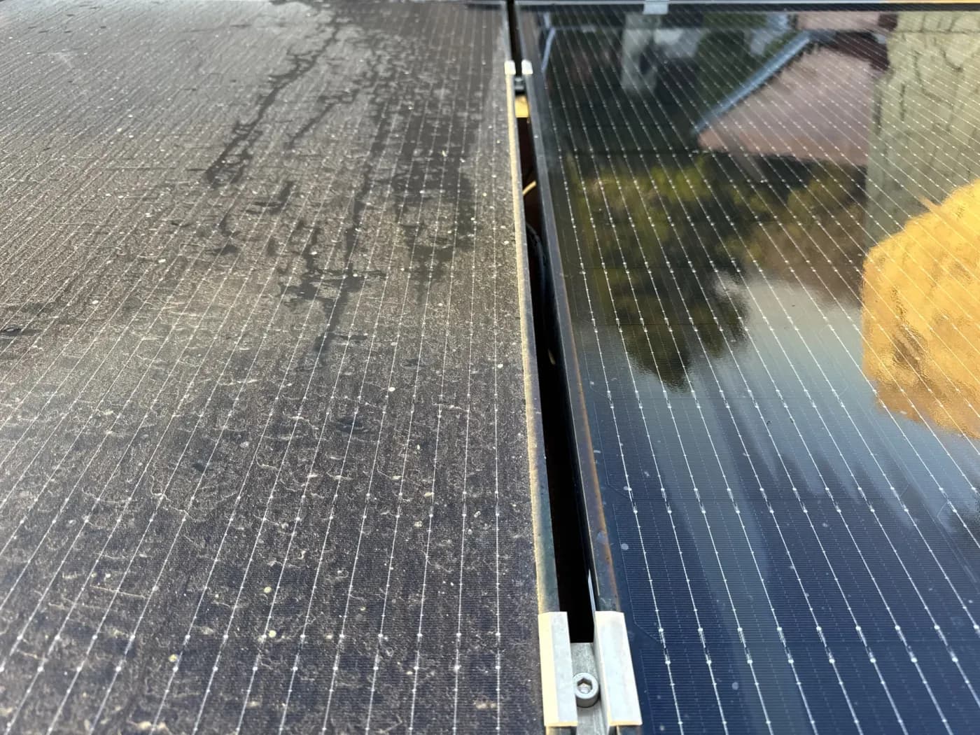 Before and after solar panel cleaning in Pretoria showing dusty vs sparkling clean panels